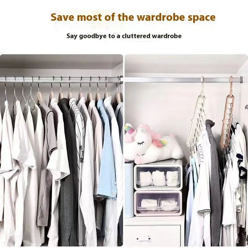 Multifunctional plastic hanger with nine holes for trousers, shown in folded position for space saving