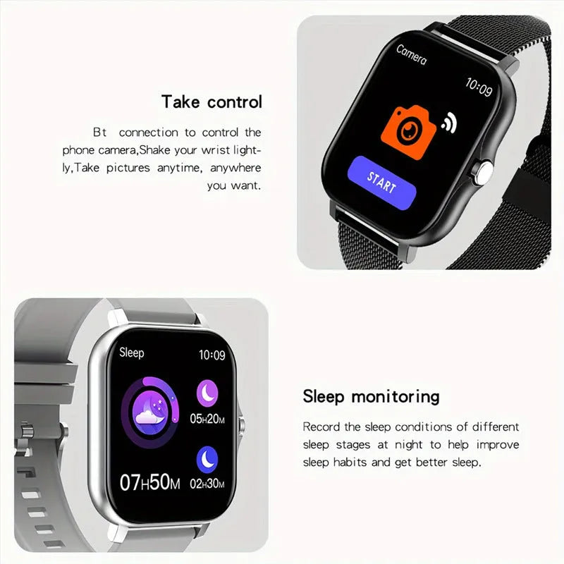 Smart watch with 1.44-inch screen showing heart rate monitoring display on silicone strap