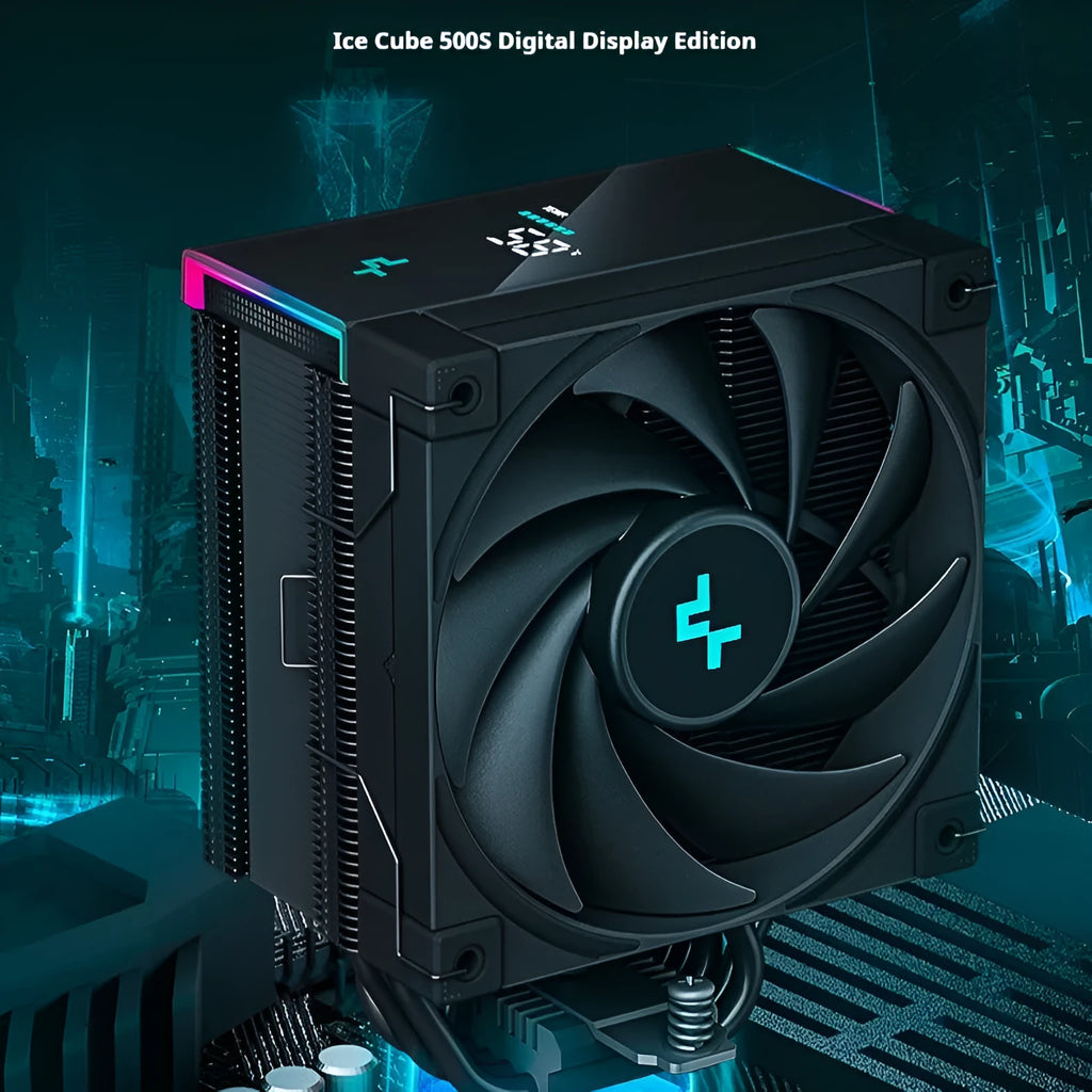 CPU air cooler heat sink with digital temperature display showing 45°C reading
