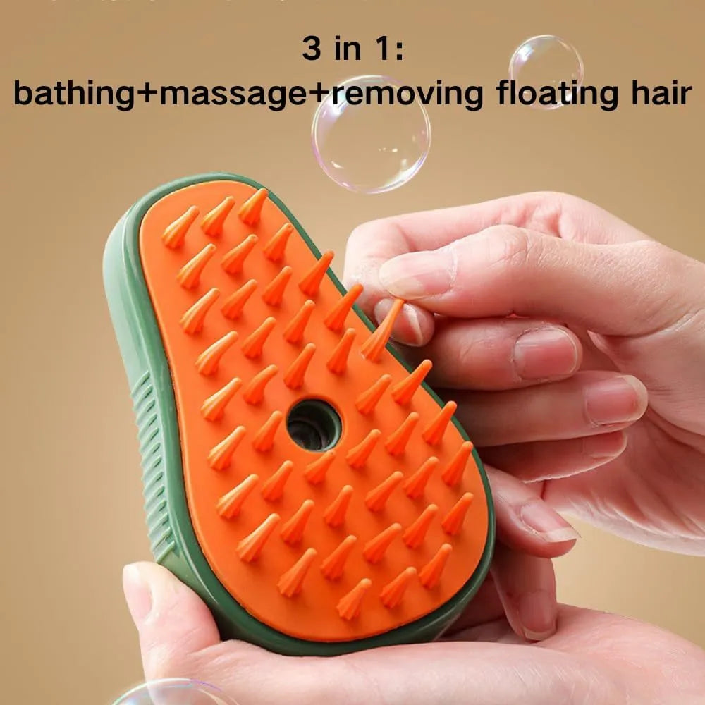 Green and white rechargeable cat steam brush with silicone teeth for grooming and massage.