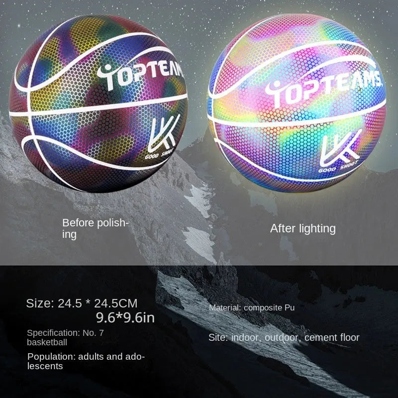 No. 7 size basketball with a holographic, luminous, and reflective patterned surface.