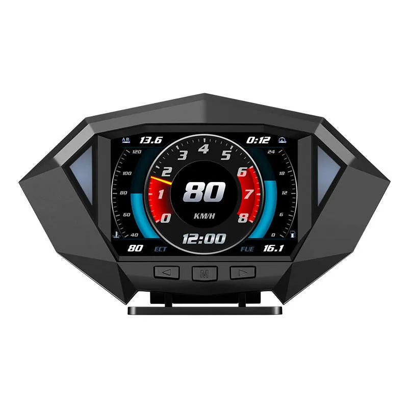 Black vehicle head-up display unit with LCD screen on a car dashboard.