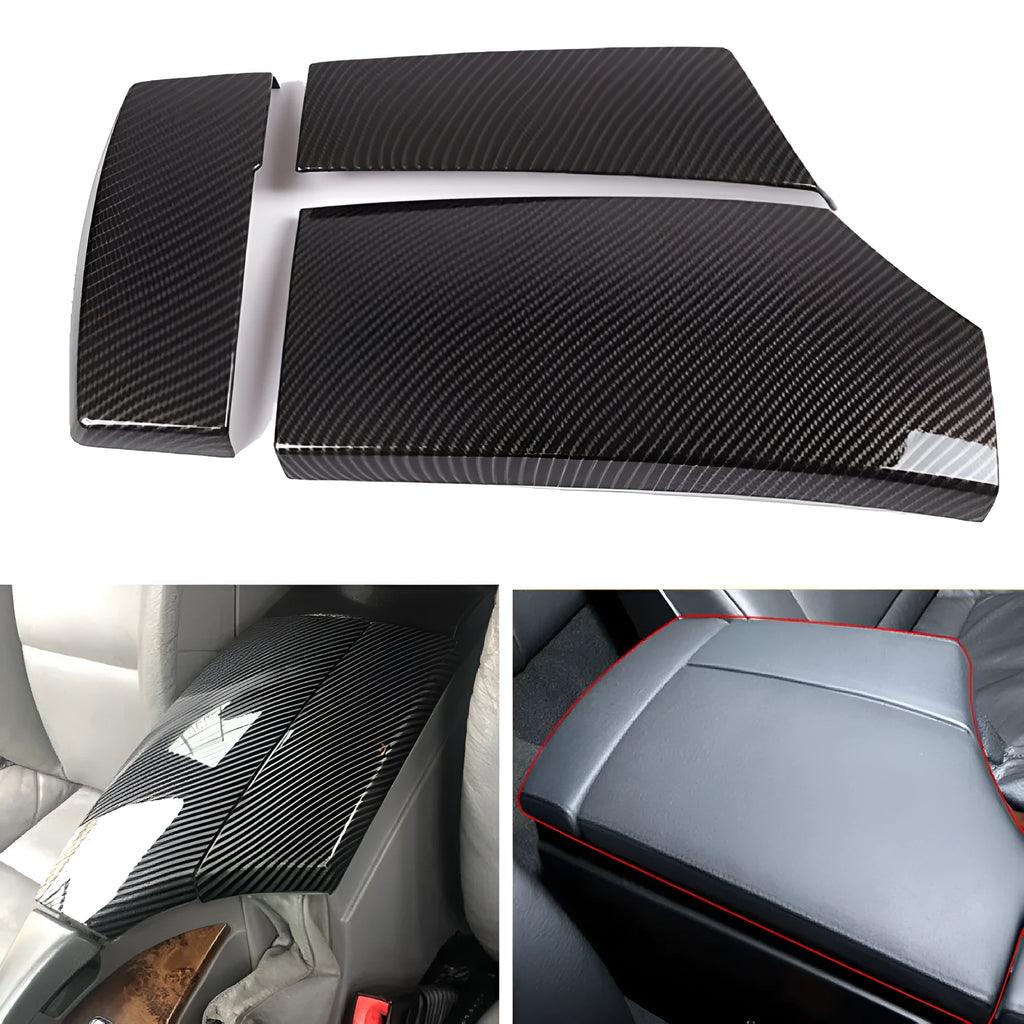 Black ABS carbon fibre pattern armrest protective cover set for car centre console, three pieces shown.