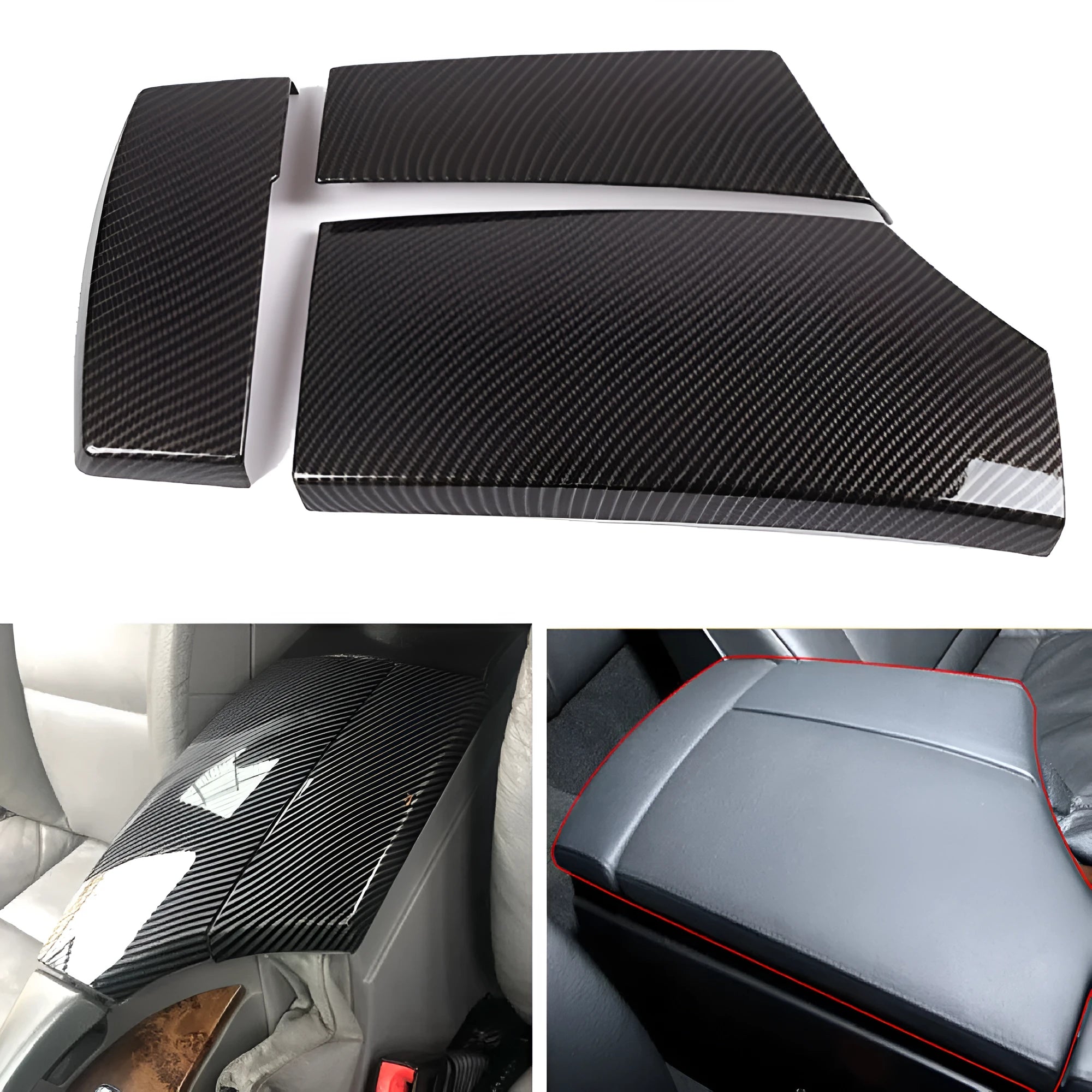 Black ABS carbon fibre pattern armrest protective cover set for car centre console, three pieces shown.