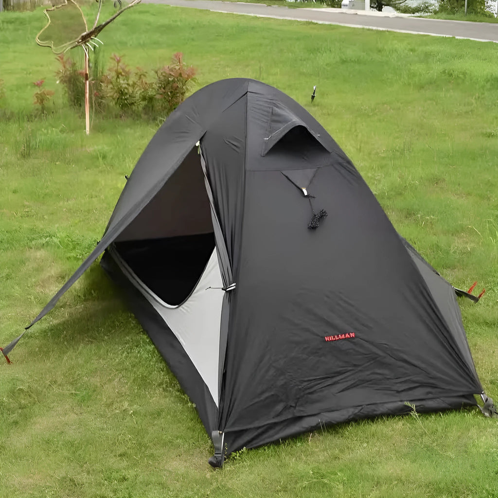 Single person camping tent with aluminium poles in black colour showing double-layer construction