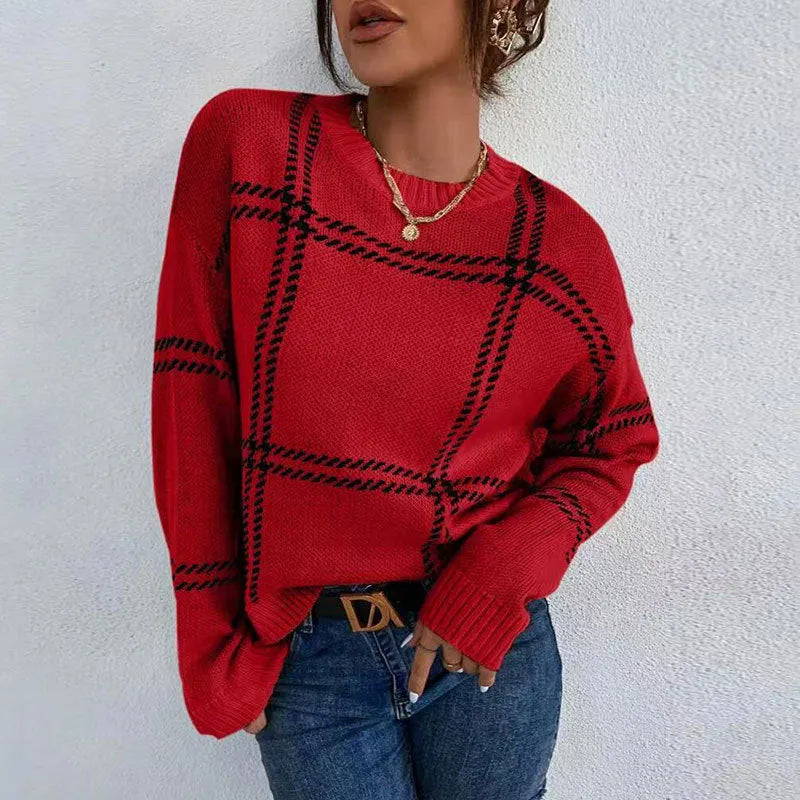 Women's loose fit plaid colour-block acrylic sweater with crew neck in striped apricot, black, beige, red, and green.