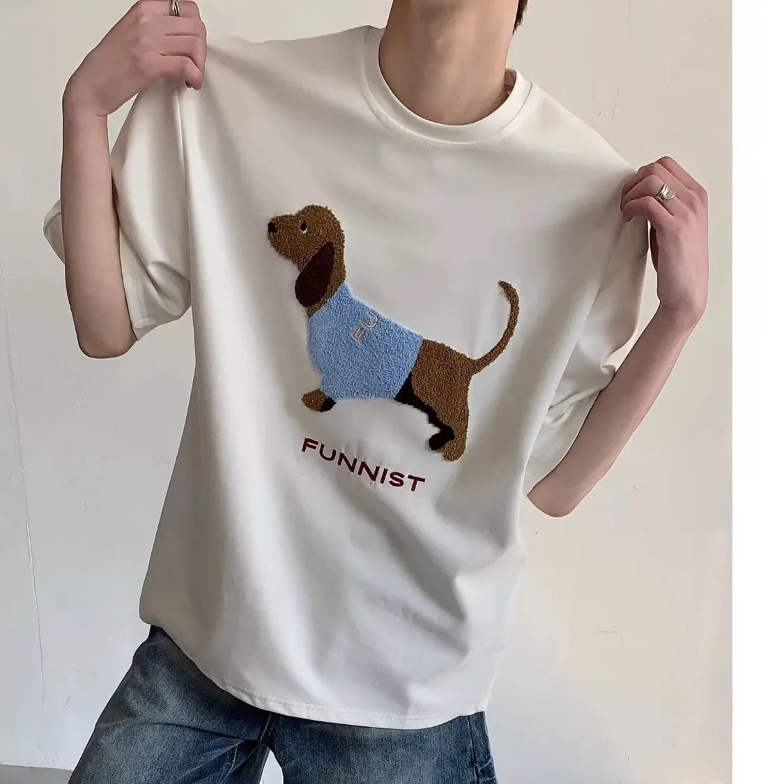 Men's grey cotton T-shirt with embroidered sausage dog design on front