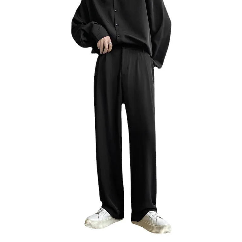 Men's loose straight casual trousers in solid white, black, or light grey polyester, sizes M to 2XL