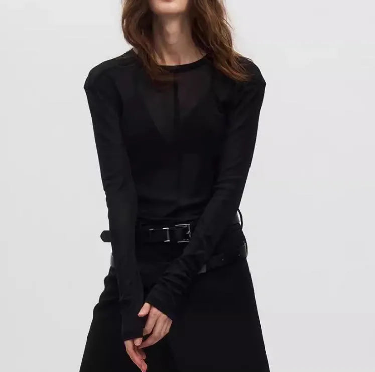 Black slim-fit long sleeve pullover with a mesh see-through texture and round collar.