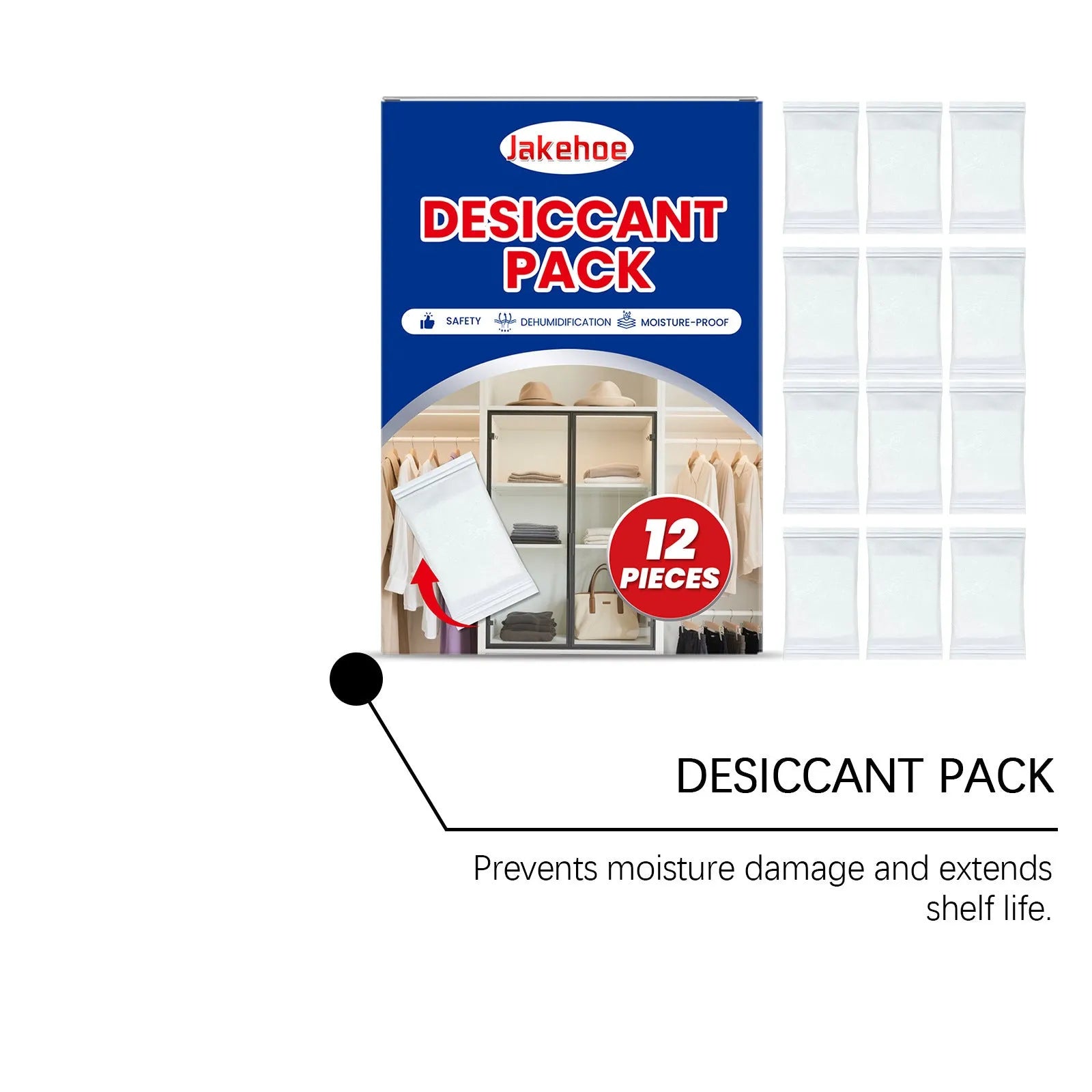 Pack of 12 white calcium chloride desiccant units for absorbing household moisture.