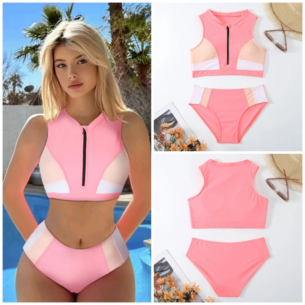 Pink high-waist split leg bikini swimsuit on a hanger, showing brief style and solid colour.