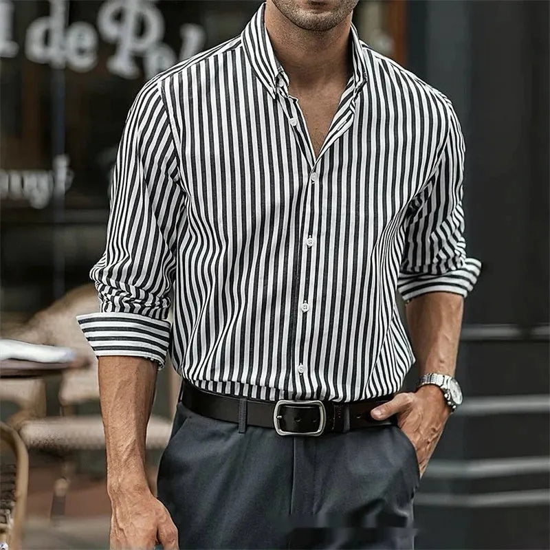 Men's loose-fit striped cardigan style button shirt in khaki, made from polyester fibre, with long sleeves