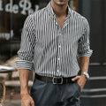Men's loose-fit striped cardigan style button shirt in khaki, made from polyester fibre, with long sleeves