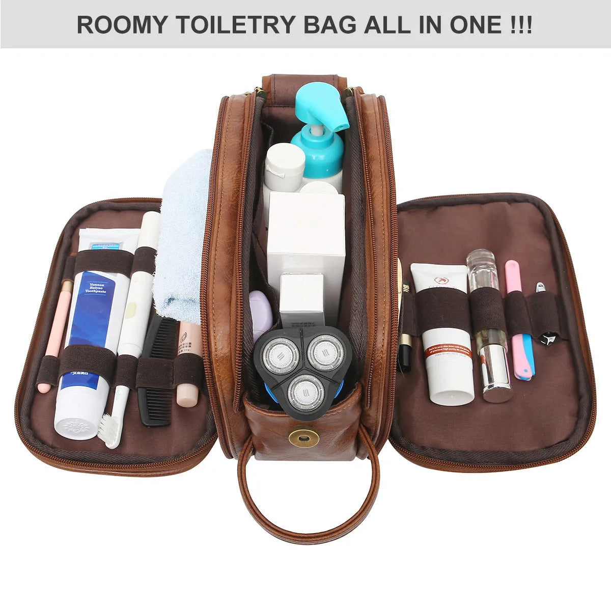Men's black toiletry bag with multiple compartments made from waterproof PU leather