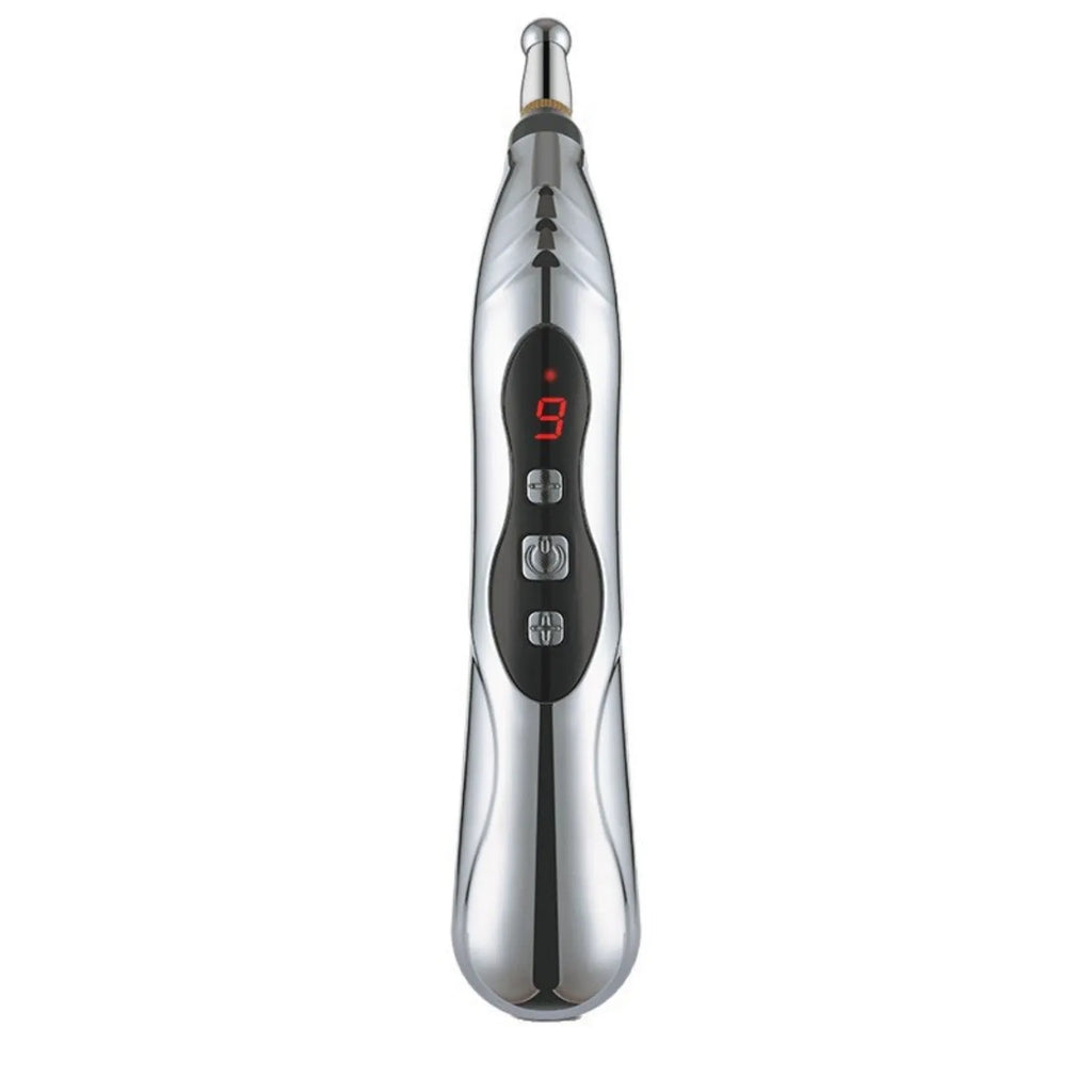 USB rechargeable meridian pen with automatic acupoint detection and five-headed oil applicator in black bagged packaging