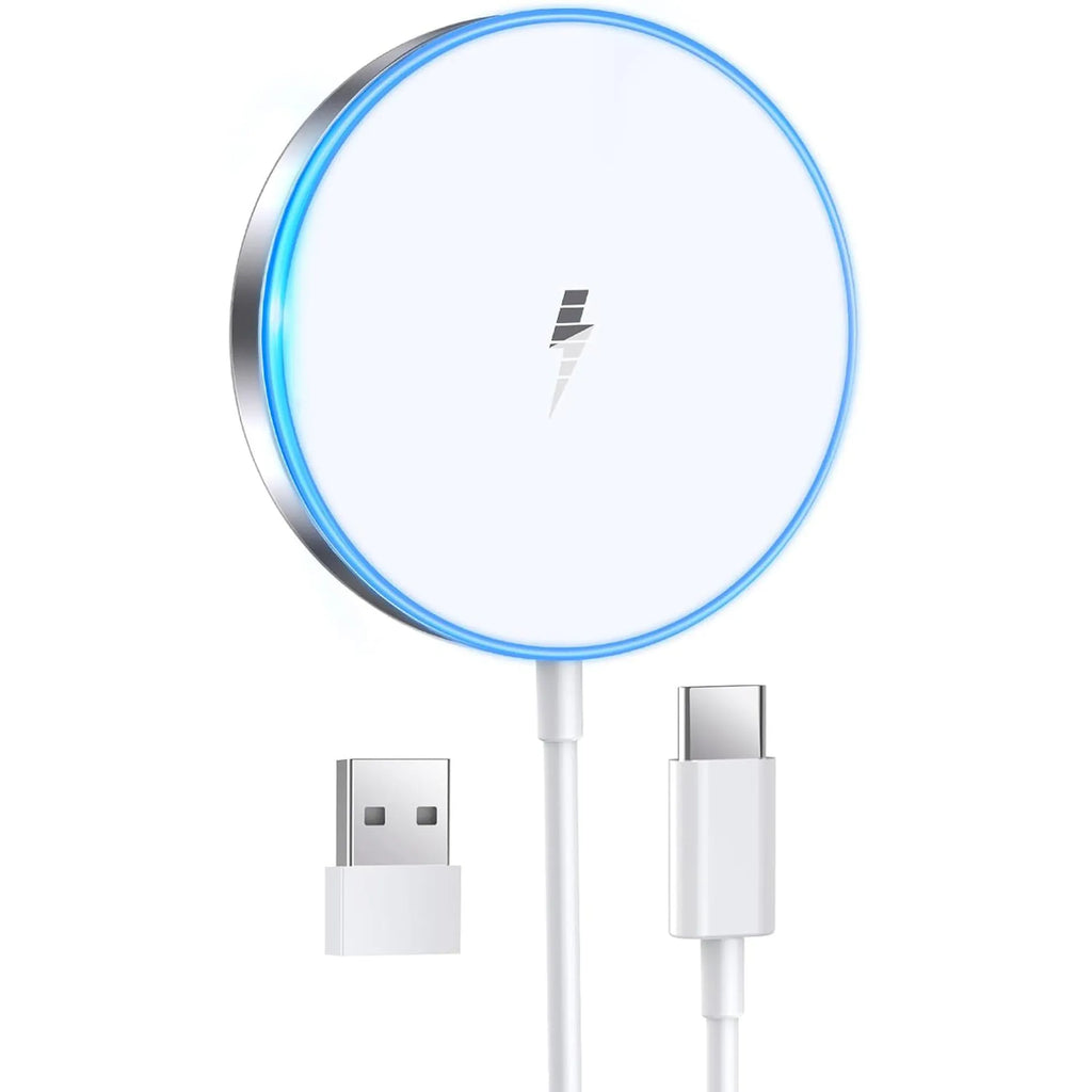 White single magnetic wireless charger for universal mobile phone use with magnetic alignment pad