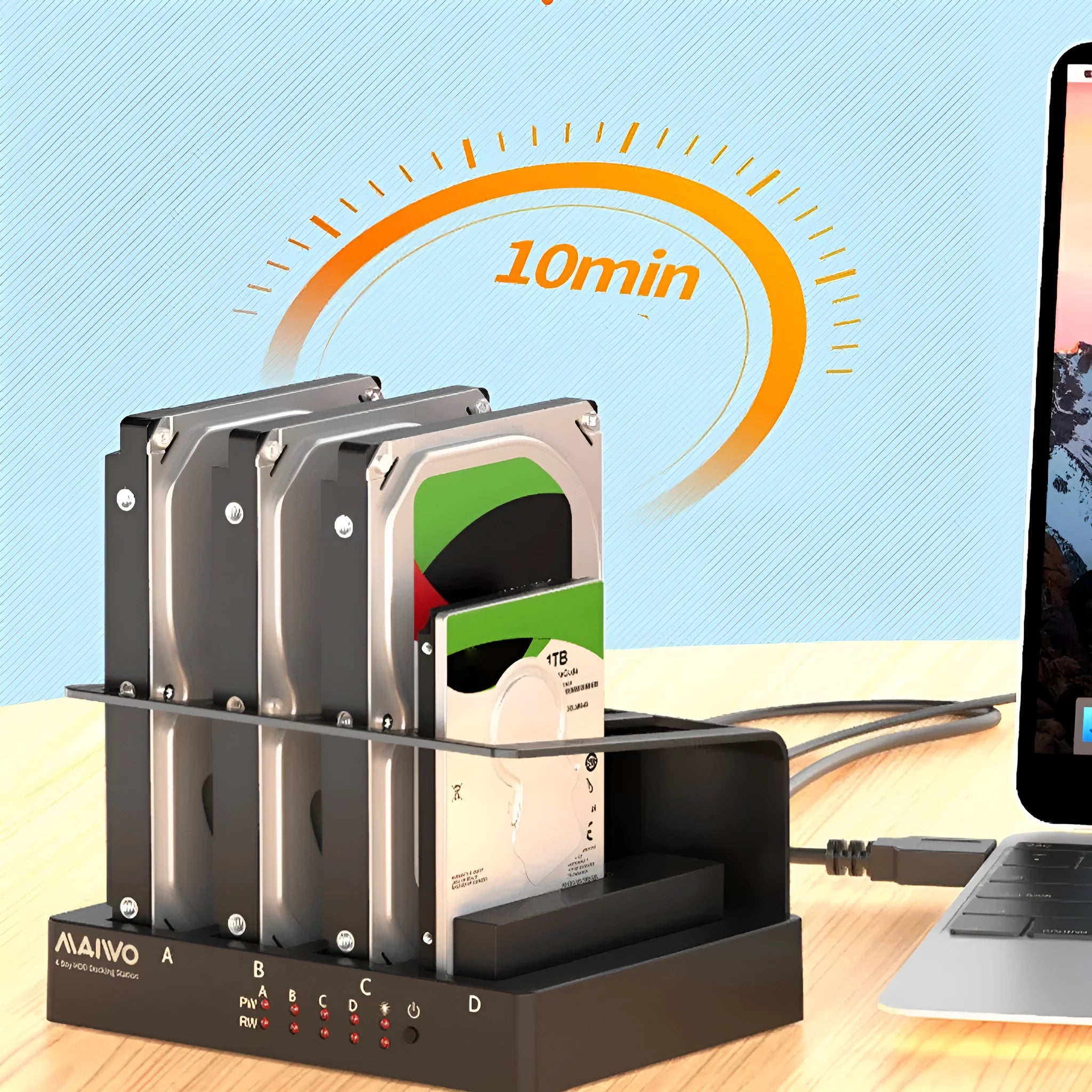 Four-bay external hard drive enclosure with 2.5-inch brackets, cables, and power adapter