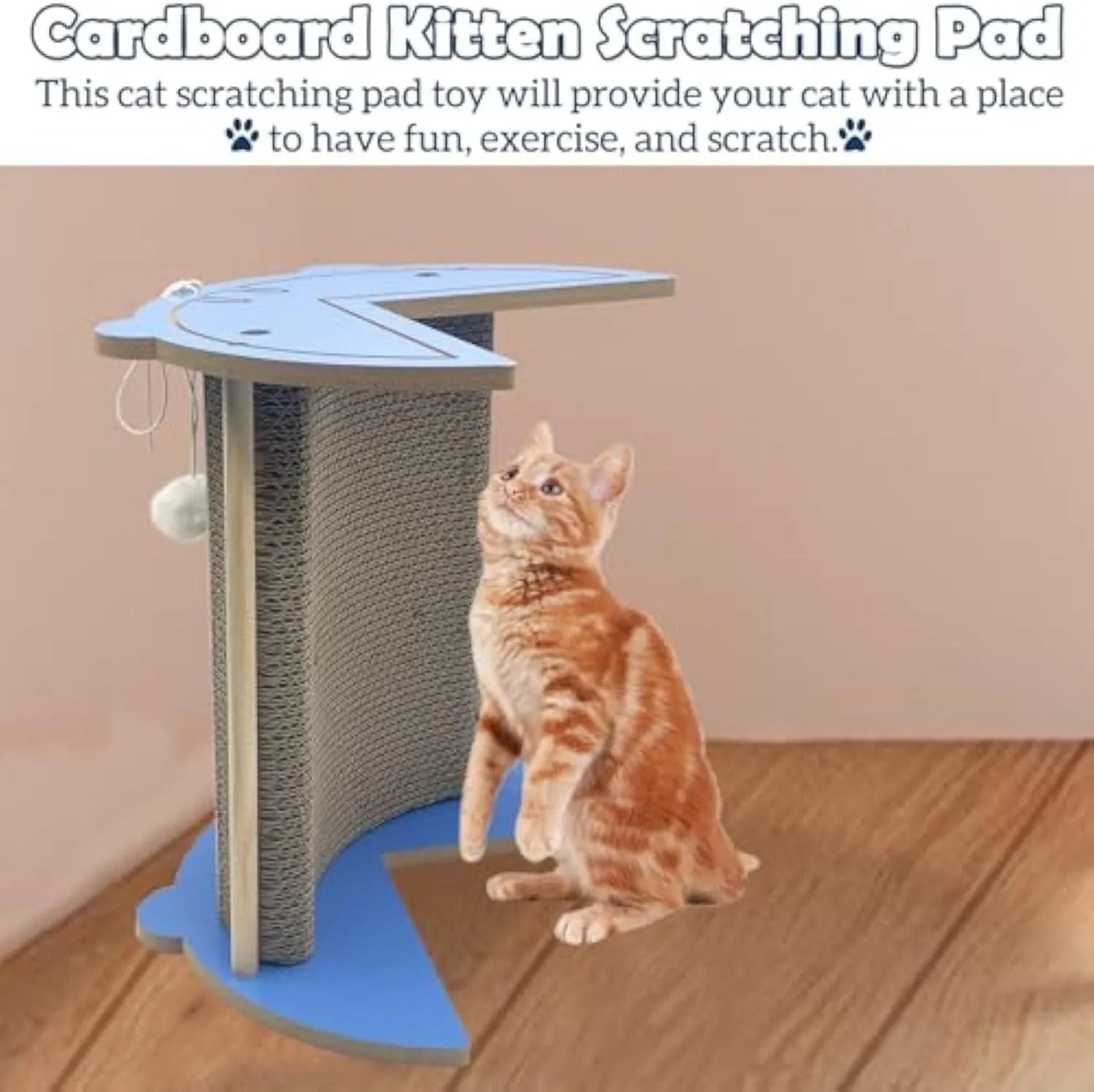 Corner-shaped cardboard cat scratching pad with a hanging ball attached, placed in a room corner.
