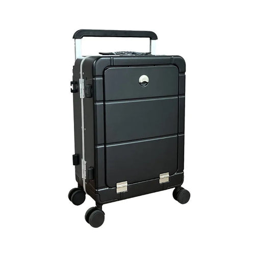 20-inch front opening hard shell suitcase in black with universal wheels and a separate compartment for dry and wet items.