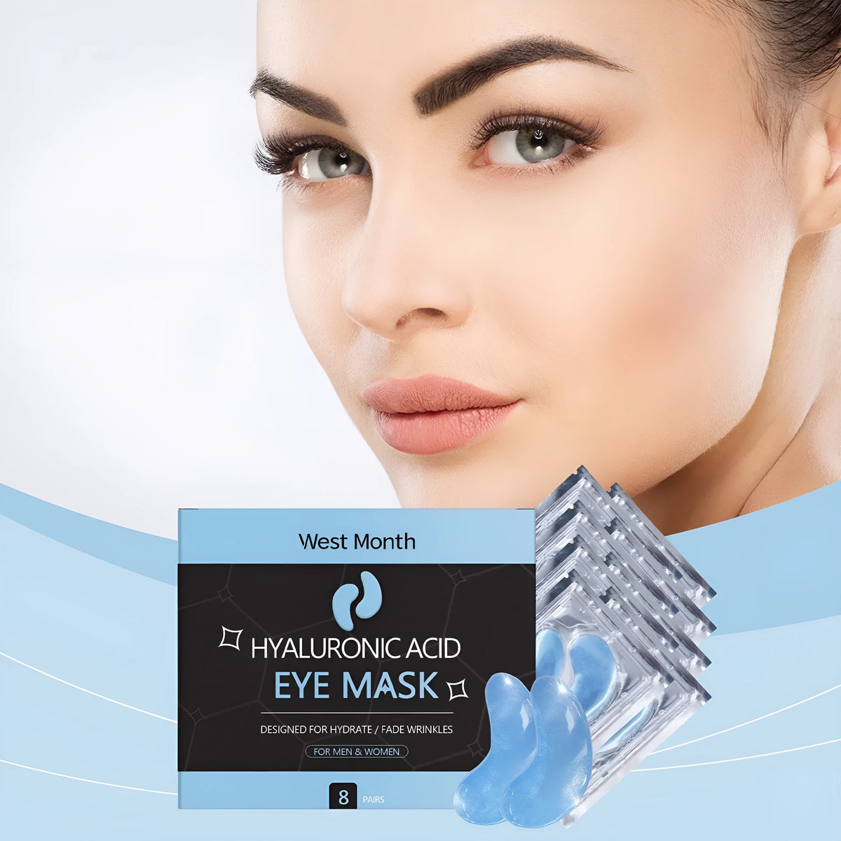 Hyaluronic Acid Eye Mask 8 pairs in sachet packaging with vitamin C and snail secretion filtrate ingredients