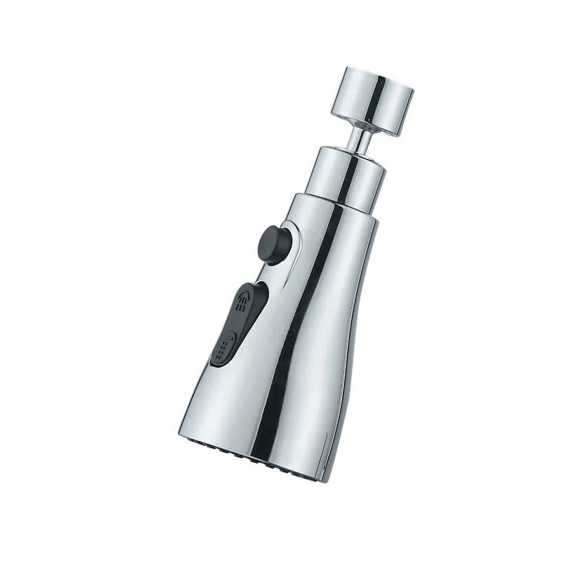 Silver universal kitchen faucet sprayer with rotating head shown on a sink tap.