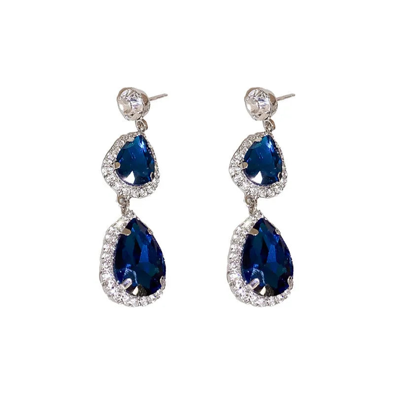 Silver needle water drop earrings and necklace set with blue zircon pendant on clavicle chain court style