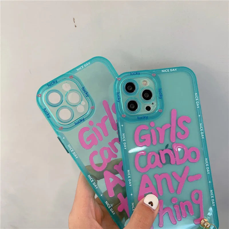Graffiti personalised TPU phone case for iPhone with detachable blue lanyard, showing blue-haired girl or green crocodile artwork.