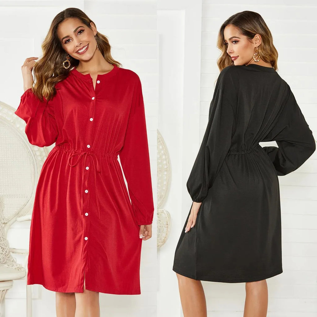 Women's mid-length dress with elastic waist belt and long sleeves in black or red