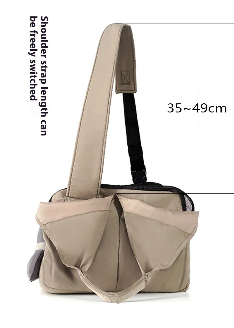 Apricot-coloured cloth pet handbag for small dogs and cats showing dimensions of 41cm by 16cm by 28cm