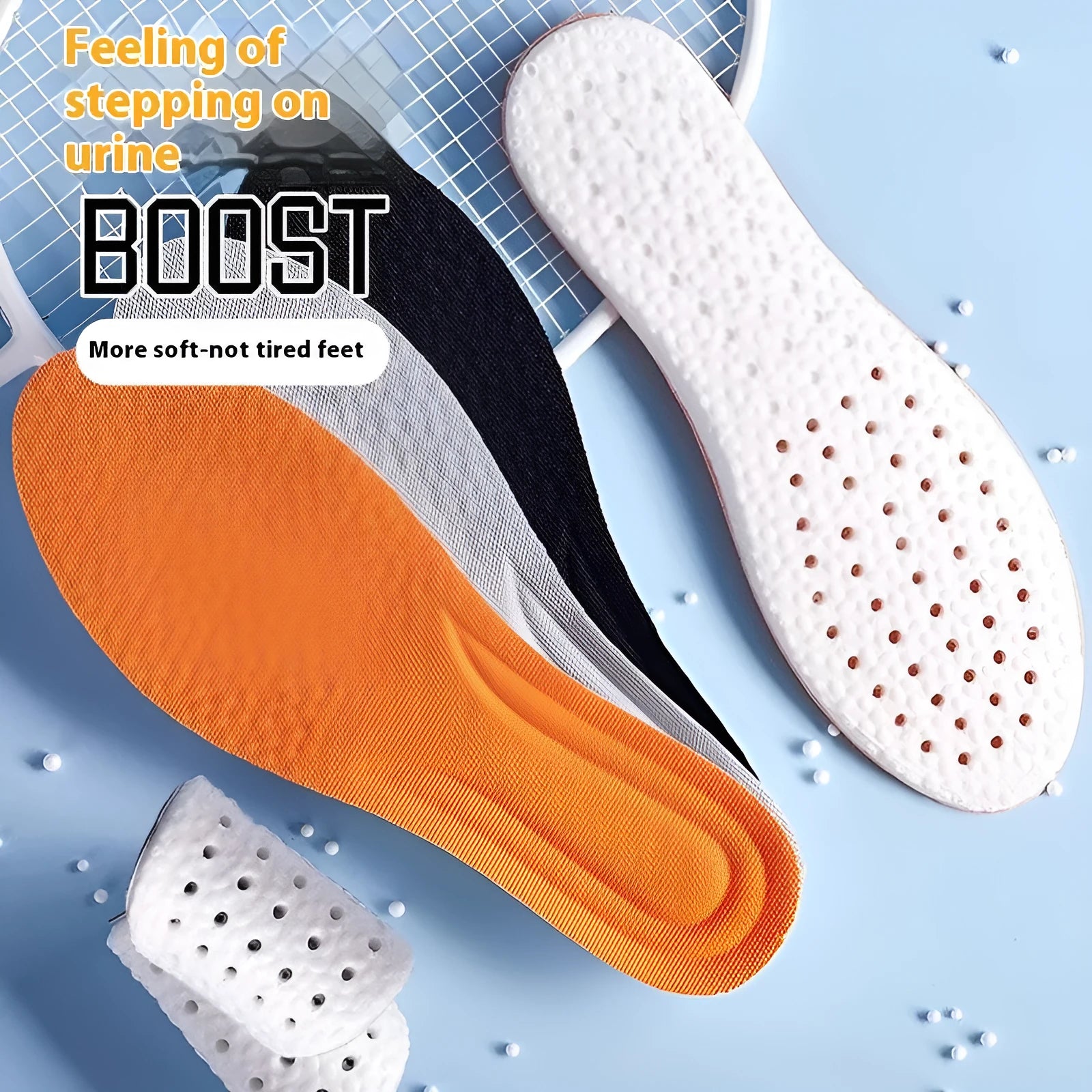 Breathable grey, black, and orange PU foam sports insoles with cut-to-fit sizing lines.