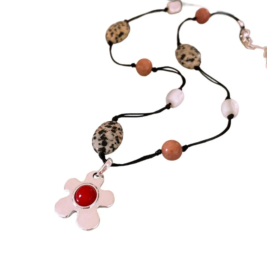 Ethnic flower pendant necklace with stone shell beads on alloy chain in silver black red colours