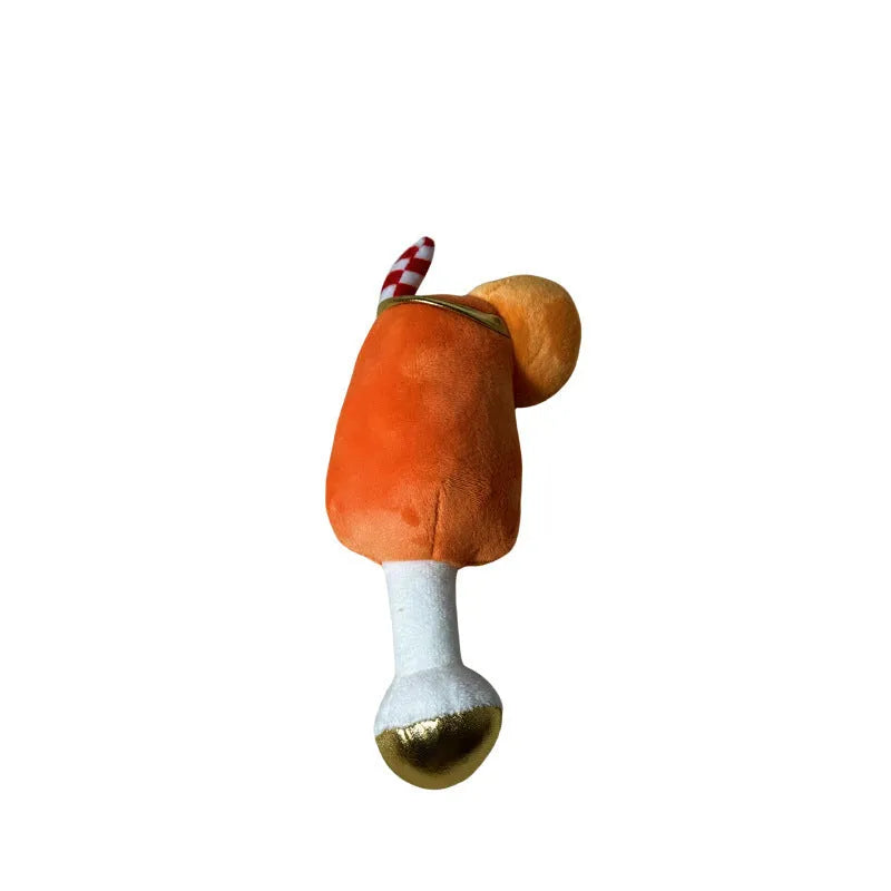 Yellow plush beer bottle squeaky dog toy with teeth-cleaning feature measuring 7cm