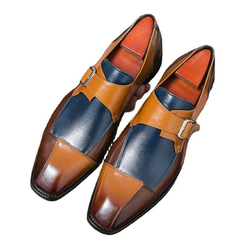 Men's brown blue retro buckle casual leather shoes with tall crown design