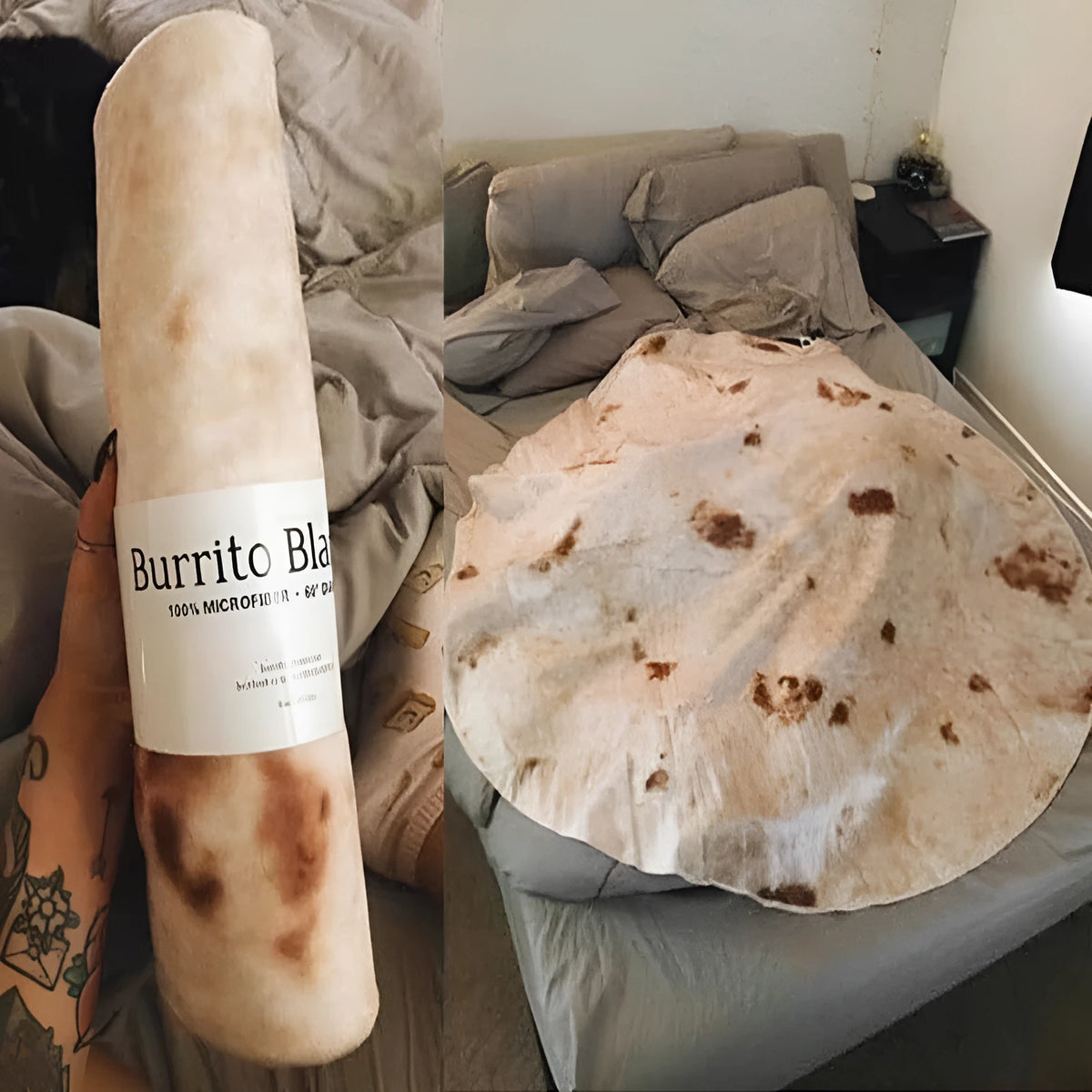 Round coral fleece burrito blanket with printed design on soft flannel fabric.