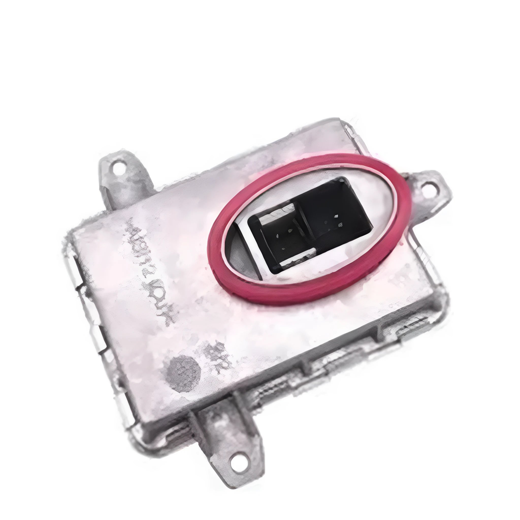 Metal car headlight ballast unit showing its rectangular shape and dimensions.