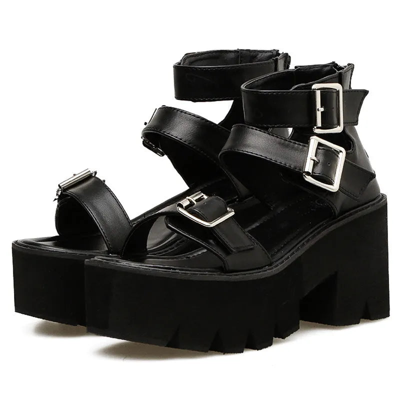 Black women's punk Harajuku sandals with chunky platform heel and rear zipper.