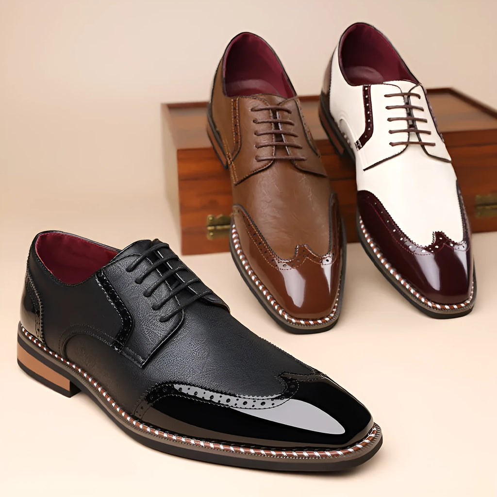 Men's black pointed toe PU leather low-top business casual shoes on white background