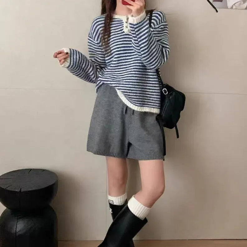Red and blue striped retro cashmere pullover sweater for women, loose fit.