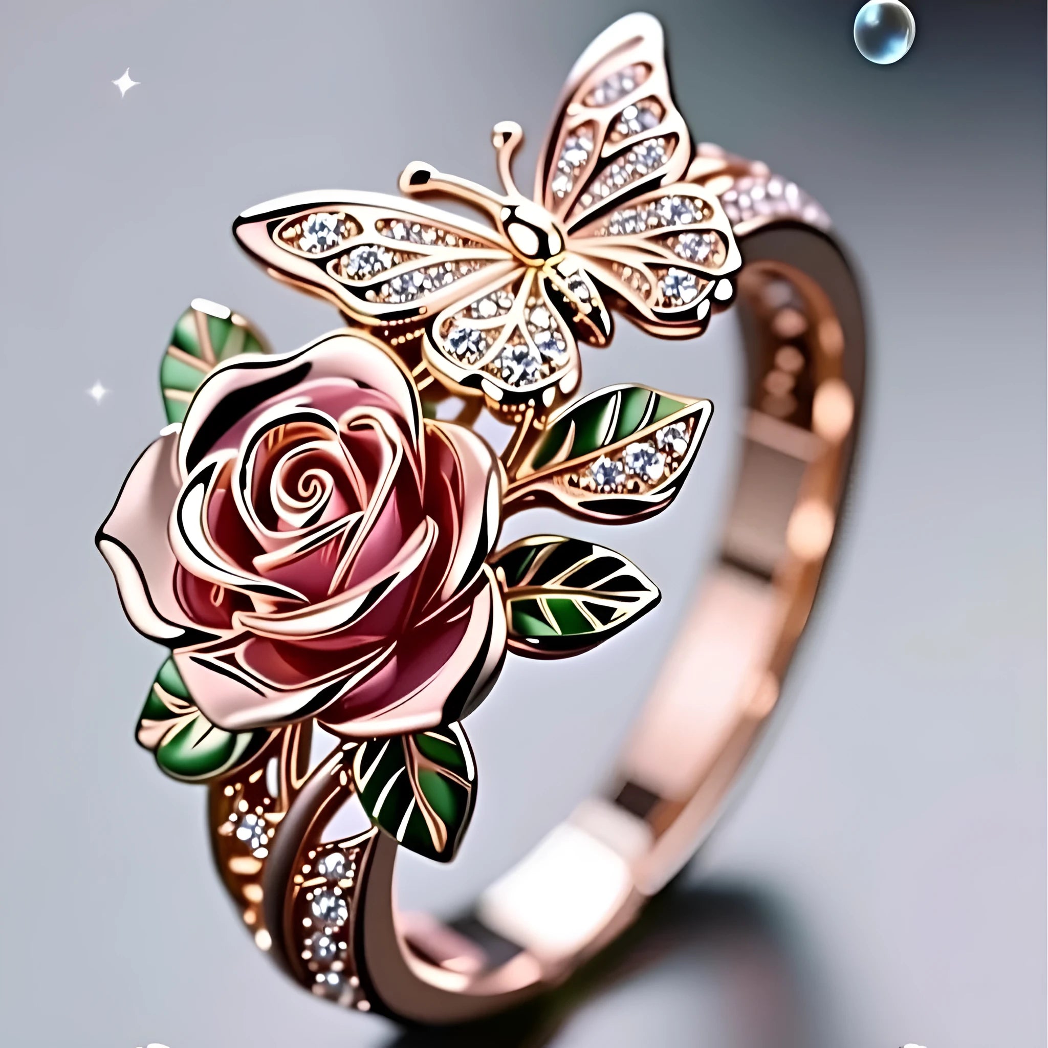 Adjustable butterfly personality ring with oil-drip colour effect showing flower and insect details