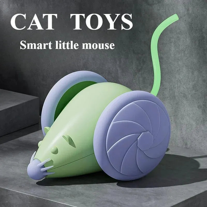 Interactive electric mouse cat toy with automatic teasing stick in green or white for indoor cats