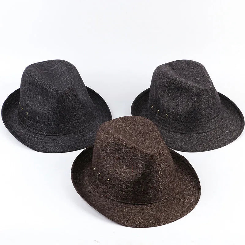 Men's classic fedora hat with thickened brim in grey suit material, shown from the side.
