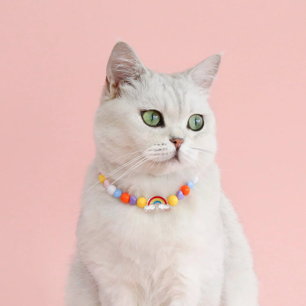 Colorful plastic bead cat necklace in peach rainbow or small flower pattern for pets