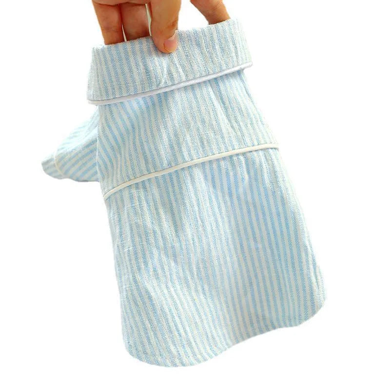 Striped cotton and linen two-legged pet pajamas for dogs and cats in pink, blue, or black and white, sizes XS to XL
