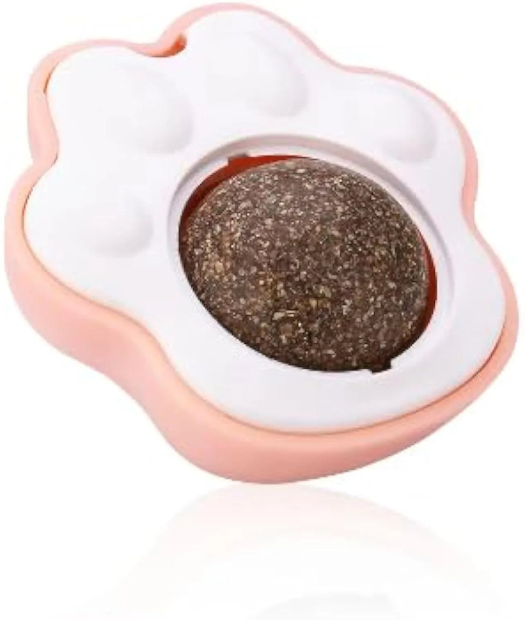 Blue, green and pink catnip ball wall treats with edible vine for feline dental chewing