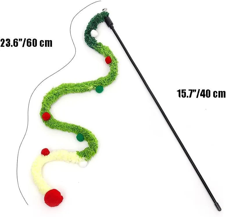 Cat wand toy with colourful feather and bell plush strip on 41cm pole
