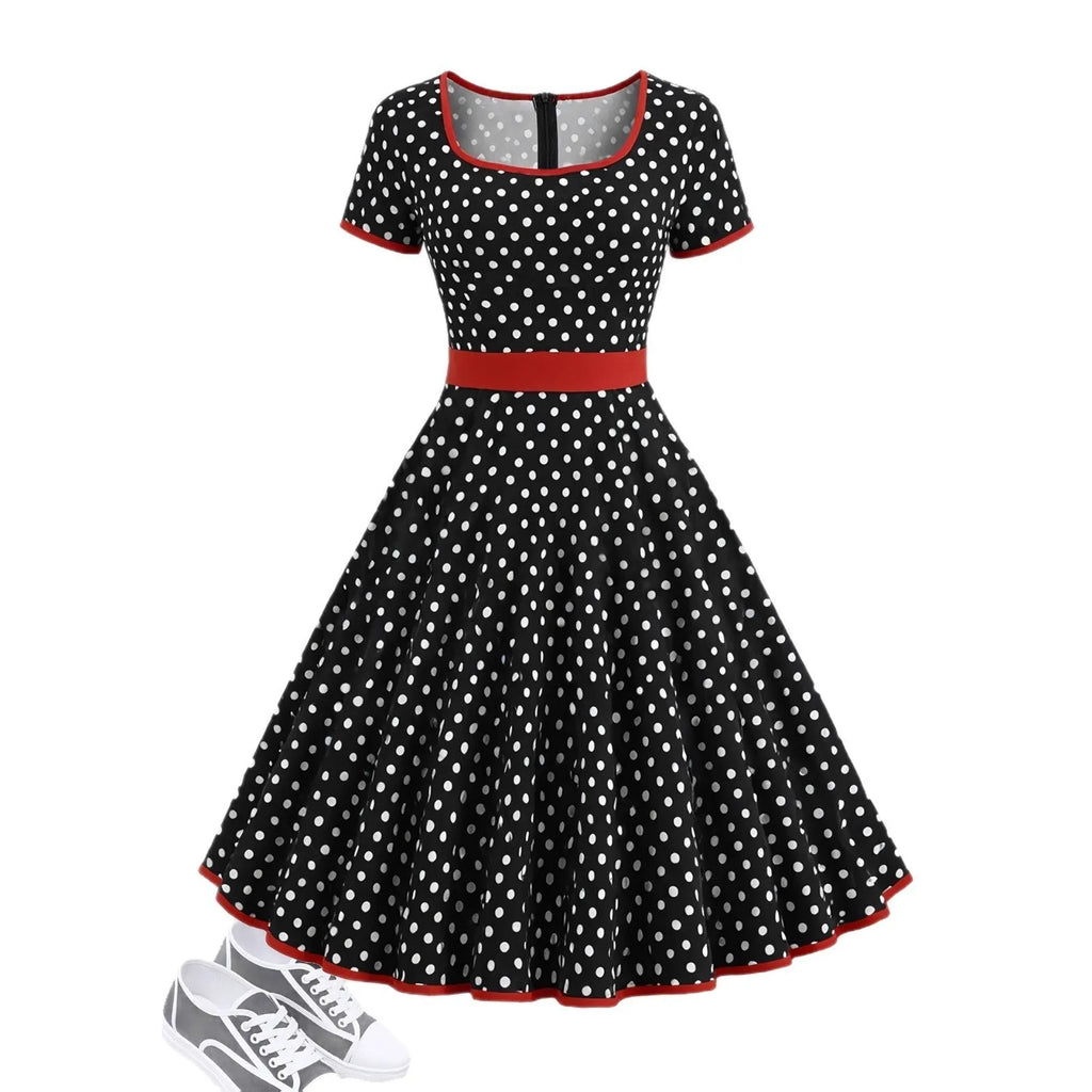 Women's square collar short sleeve dress with polka dot print, front zipper, and pleated mid-length skirt.