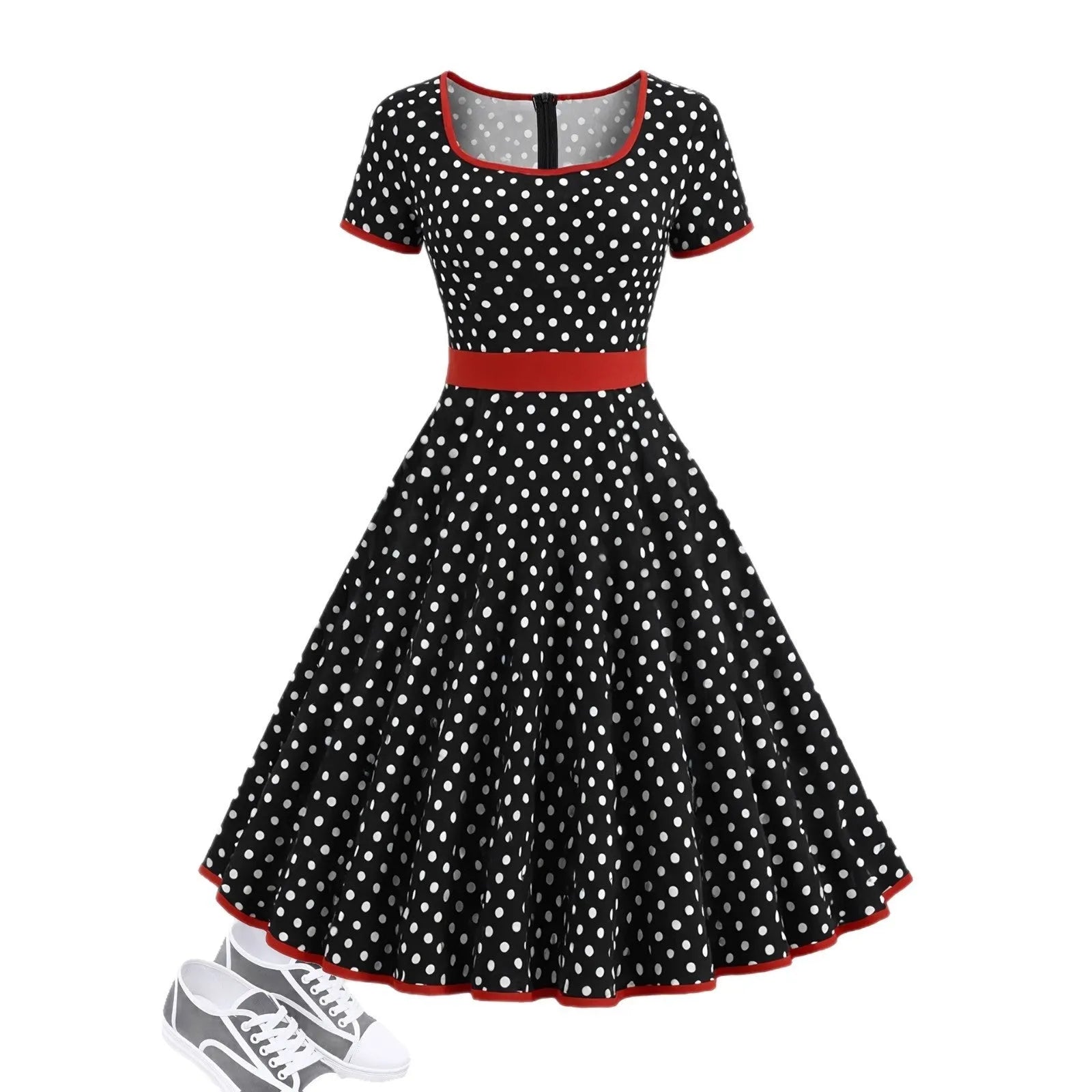 Women's square collar short sleeve dress with polka dot print, front zipper, and pleated mid-length skirt.