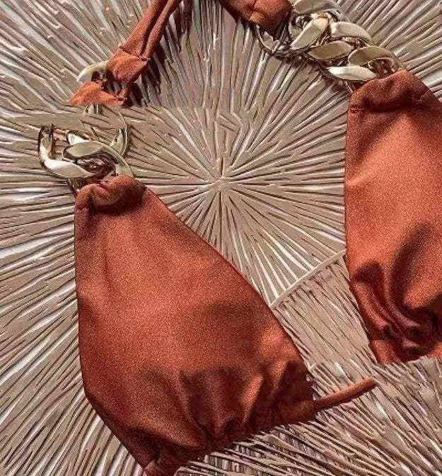 Brown women's push-up bikini swimsuit with ring tether tube top and split design