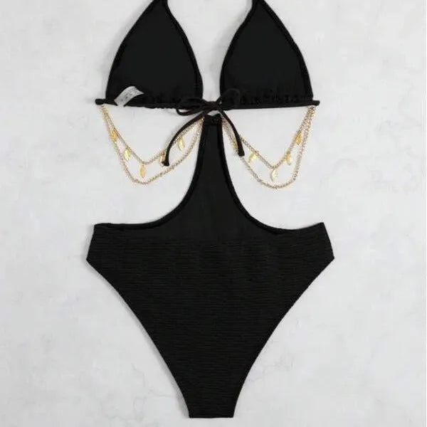 Women's chain design bikini swimsuit in polyester fabric with sleeveless styling