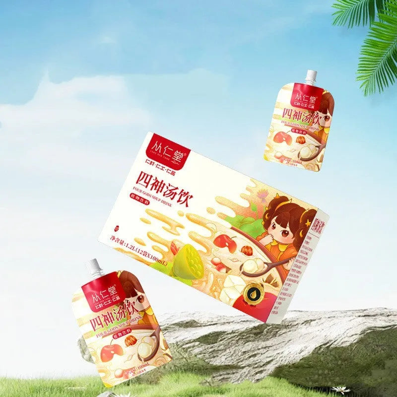 Box of children's spleen and stomach health tea showing 12 individual 100ml bags of herbal decoction.